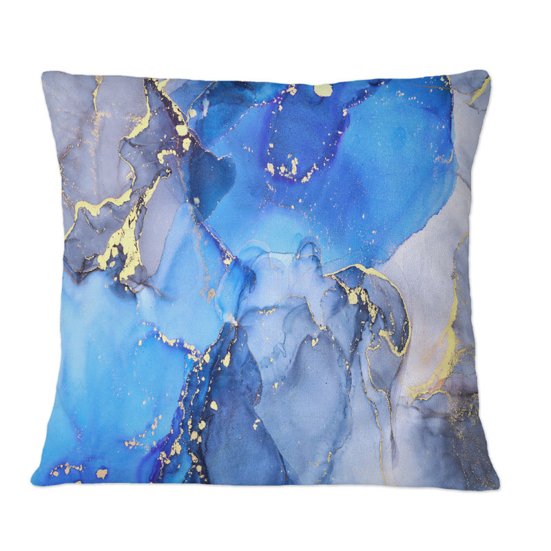 Bleu et or, art abstrait fluide de luxe - coussin décoratif imprimé moderne, 16 po x 16 po