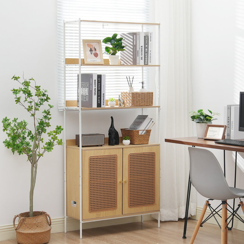 Rattan Bookshelf Ladder Shelf with 2 Doors Rectangle Storage Rack Natural