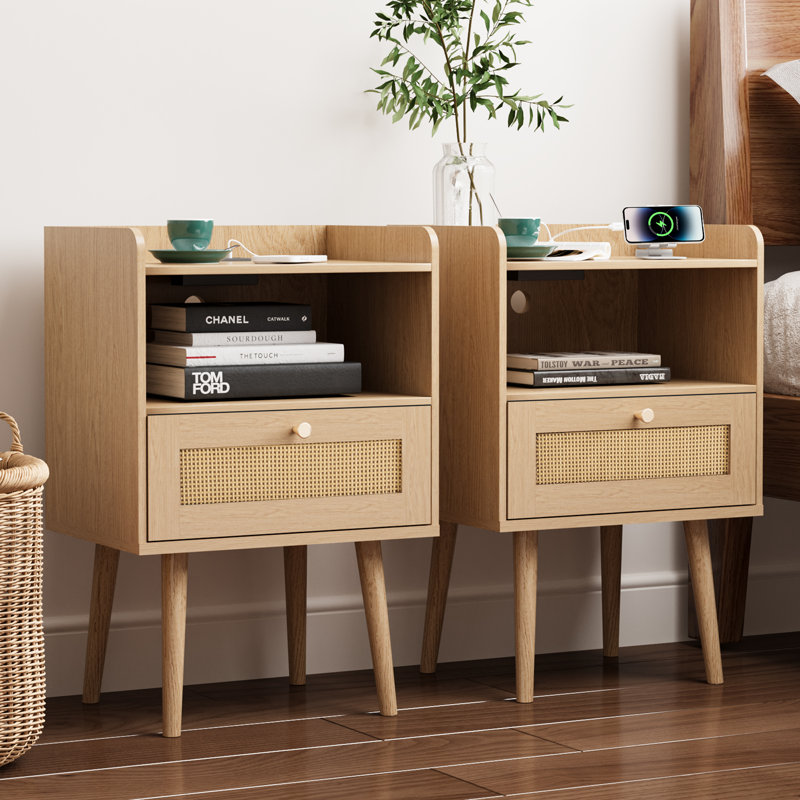 23.6'' Tall Drawer Rattan Nightstand with Charging Station, Yellow
