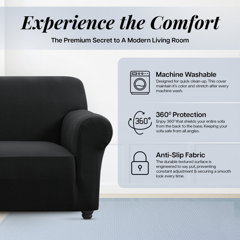 Jacquard Pattern Stretchable Spandex Sofa Slipcover - Stylish Sofa Protector, 179cm H x 224cm W - (2 Seater), Black
