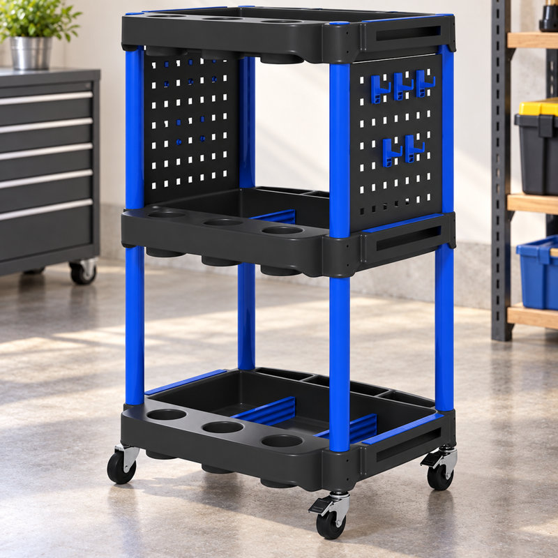 Chariot utilitaire en plastique à roulettes avec étagères latérales, chariot à outils roulant à 3 niveaux, capacité de 90 kg (200 lb) pour garage et atelier