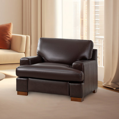 Daryon Premium Leather Club Accent Chair – Square Arm Goose Feather Cushion for Living Room Decor