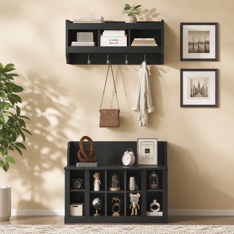 Banc de rangement polyvalent pour chaussures avec crochets et tablettes pour les vestibules, Noir