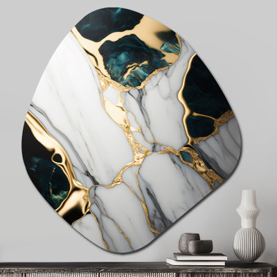 Abstrait géométrique en marbre doré et vert I - marbre, décoration murale asymétrique en métal, impression d'art moderne en forme libre
