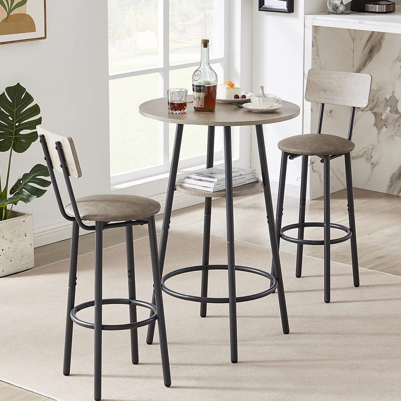 3-Piece Bar Table Set for 2, 2-Tier Round Bistro Dining Table & PU Stools, Counter Height Table, Gray, Black/Gray