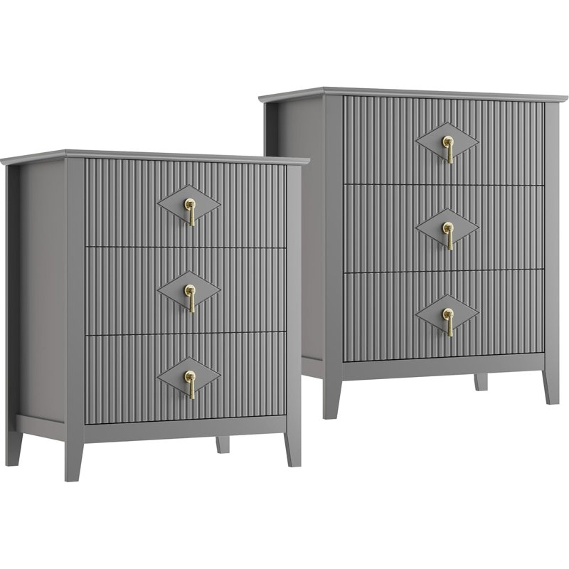 Table de chevet 3 tiroirs Mid-Century 27,5 po, table de chevet en bois, gris, 2 pièces