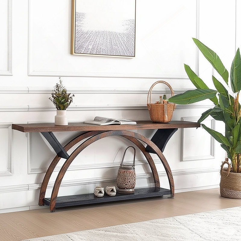 Console de 70,87 pouces avec tablette de rangement, table de canapé étroite pour le couloir et le salon, table de hall d'entrée rustique avec cadre en demi-lune