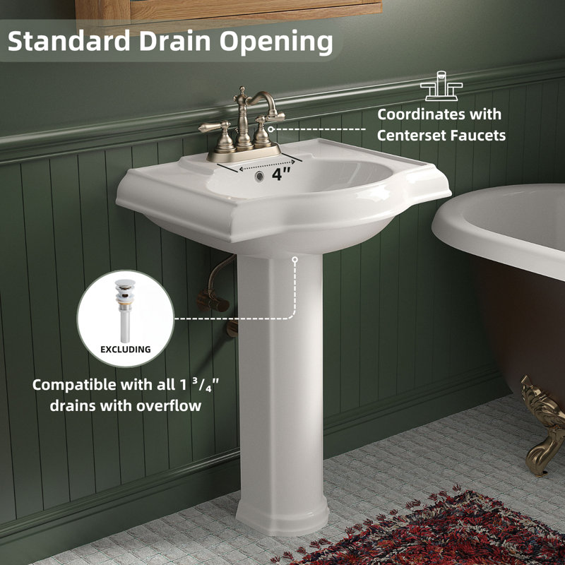Los Flexi 24" x 19" White Ceramic Rectangular Pedestal Sink with Overflow and 3 Faucet Holes