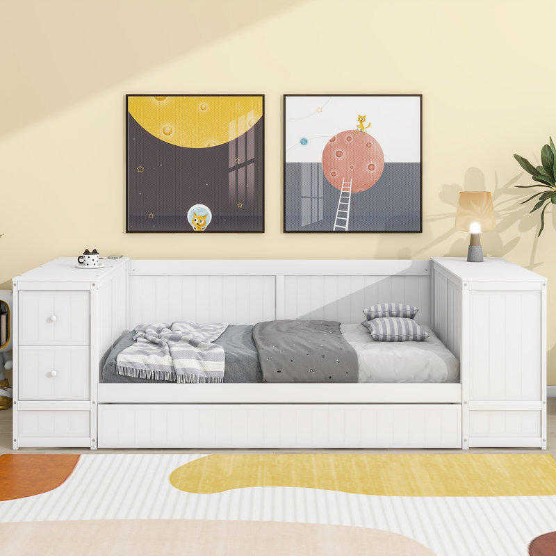 Lit de jour simple avec accoudoirs de rangement, lit gigogne et station de charge, Blanc