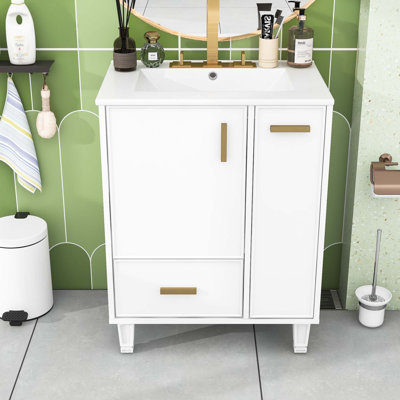 24" Bathroom Vanity with Ceramic Sink, Deep Drawer and Pull-Out Basket
