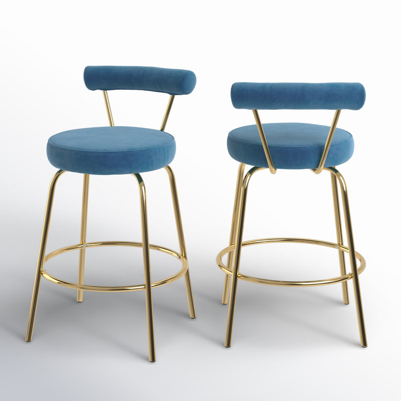 Kayson 25.5" Gold Swivel Upholstered Counter Stools, Blue Velvet
