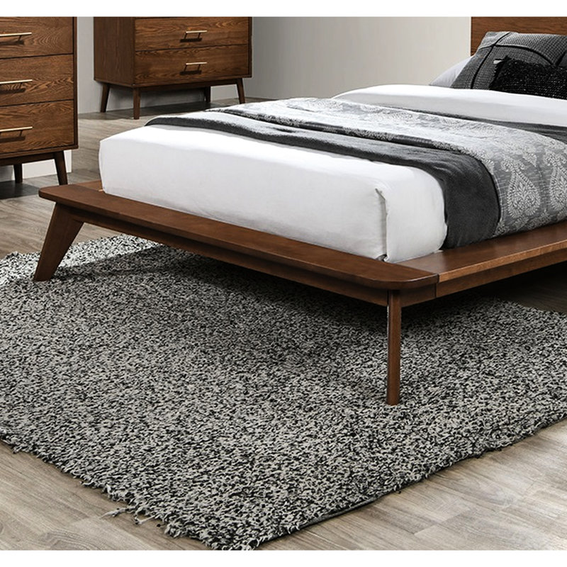 Eastern King Size Mid - Century Modern Walnut Solid Wood Bed, Platform Style, Panel Headboard, Tapered Legs, Mattress Ready For Bedroom Angled Leg, Single Piece Upgrading
