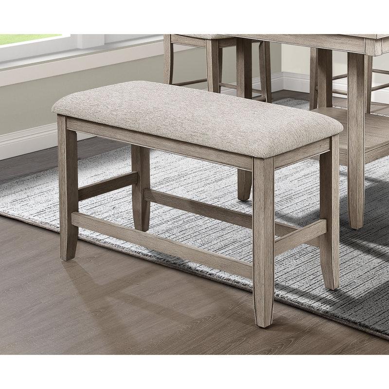Banc contemporain à hauteur de comptoir en brun et gris beige, siège et repose-pieds rembourrés, tabouret en bois brun clair / brun avec structure en bois d'ameublement gris pour la salle à manger