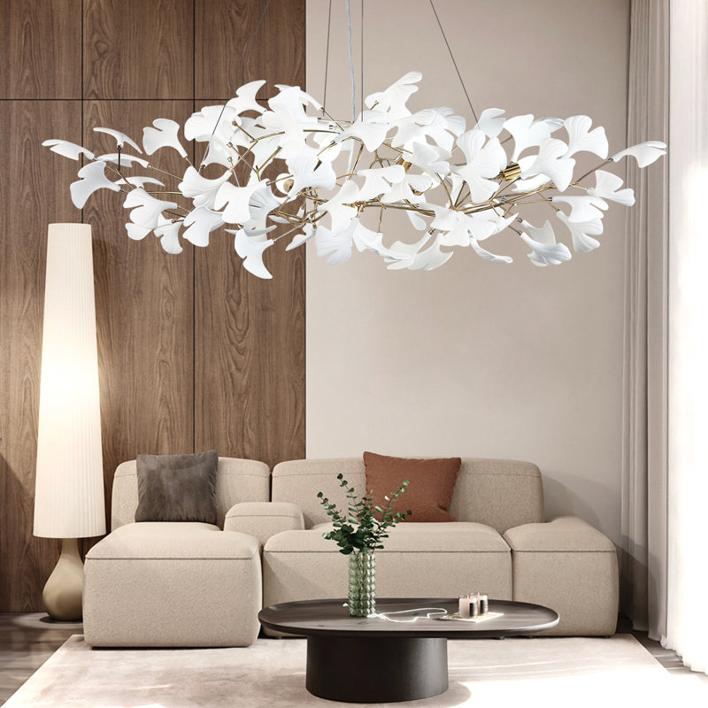 Lustre en céramique avec feuilles de ginkgo, H 21 po x l 47 po x P 47 po