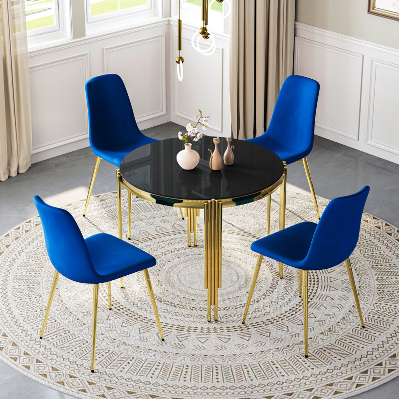 Round Glass Dining Table Set For 4, Modern Irregular Stainless Steel Table With Velvet Cushioned Chairs, Black/Gold