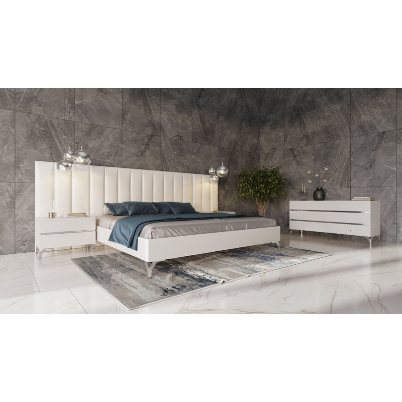 Ensemble de chambre à coucher 4 pièces et ailes en cuir écologique moderne blanc Omosède, Grand