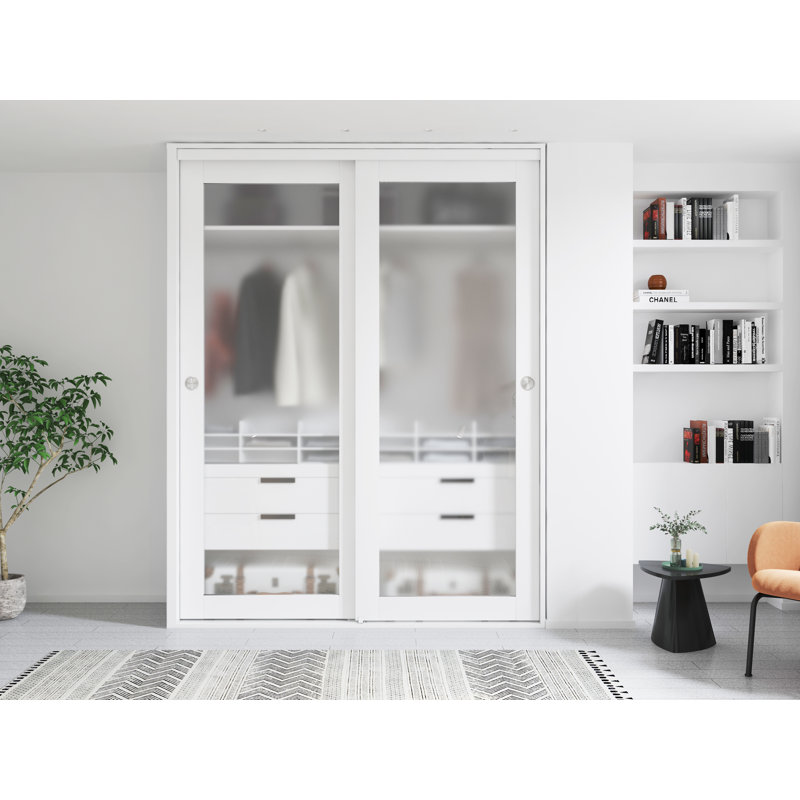1-Lite Frosted Tempered Glass Sliding Double Bypass Closet Door with Installation Hardware Kit, 72" x 80"
