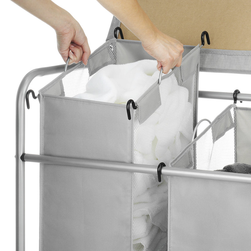 Chrome and Gray 3-Section Rolling Laundry Sorter with Folding Station