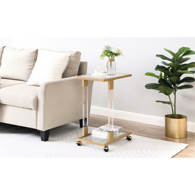 Table carrée en forme de C, plateau en verre acrylique côté doré, verre trempé de 5 mm à extrémité mobile, roulement lisse