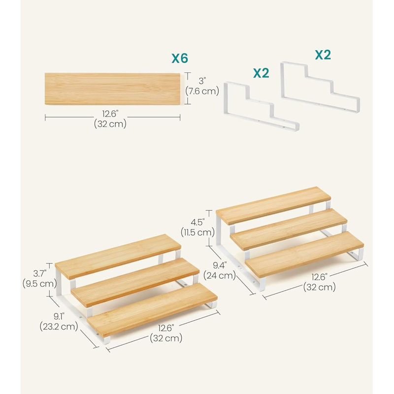 2 Pack Extendable 3-Tier Stackable Wood Spice Organizer, Woody + White