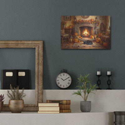«Halloween Pumpkin Fireplace» par Veve, art mural en métal, 16 po x 12 po