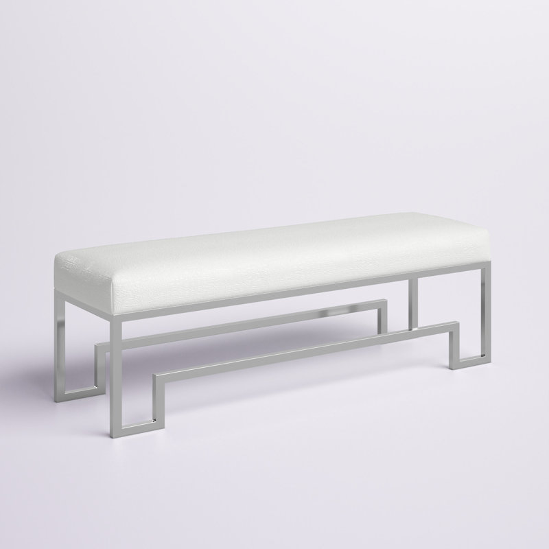 Pangea Home Declan Laurence Modern Upholstered 54" Bench with Gold or Silver Metal Steel legs – Elegant Accent Seating for Bedroom, Entryway, Kitchen, Office, Waiting Rooms, or Living Room - White Faux Leather Bench with Silver Legs