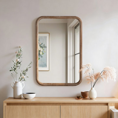 Leyburn Natural Modern Rectangular Solid Wood Frame Wall Mounted Mirror For Bathroom&Bedroom