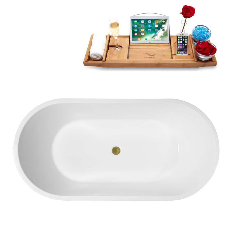 59" Streamline Soaking Glossy White Freestanding Tub and Tray With Internal Drain, Brushed Gold