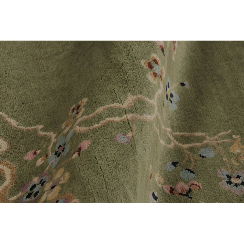 Rug & Kilim’S Chinese Art Deco Rug, Green With Cherry Blossom Florals, Rectangle 10' x 14'