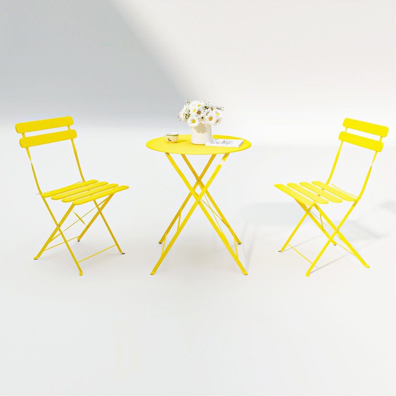 3 Pieces Patio Bistro Balcony Metail Chair Table Set-Yellow, Yellow