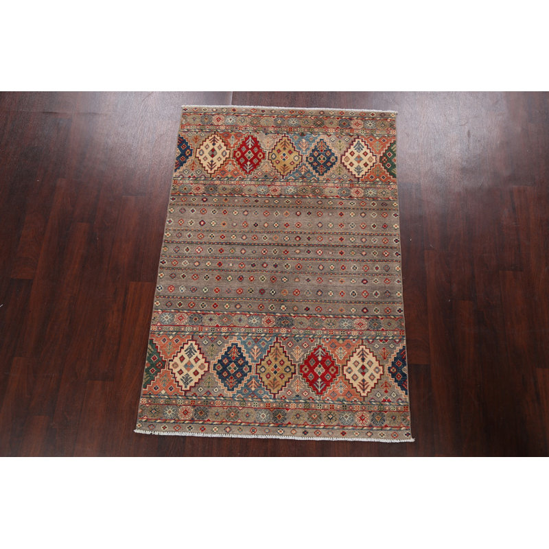 Tapis brun en laine noué à la main de conception unique 4 pi x 6 pi