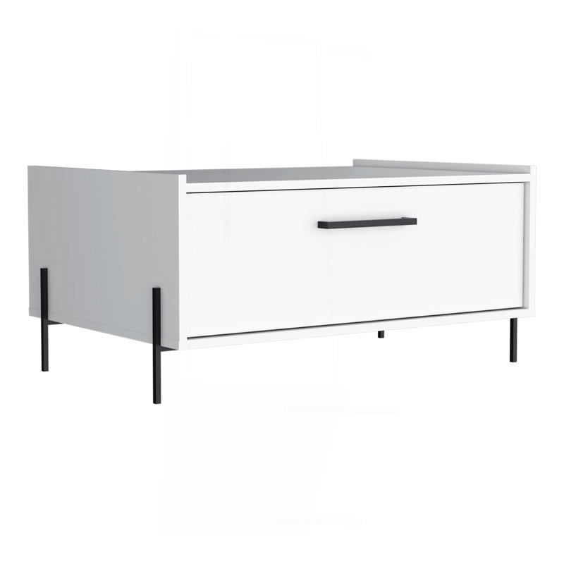 15" High Minimalistic Coffe Table With Pull Down Cabinet And Open Shelf, White