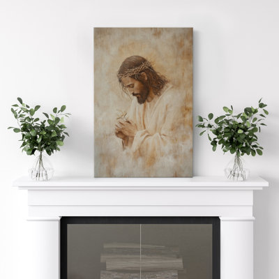 «Jesus with Crown of Thorns», reproduction d'art sur toile - Décoration religieuse chrétienne en beige pour salle de prière ou couloir