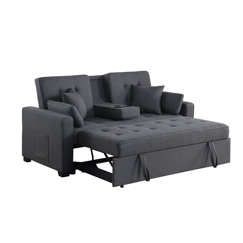 Causeuse-lit convertible 70 pouces Oli, lit escamotable, 4 coussins, Tissu gris pierre