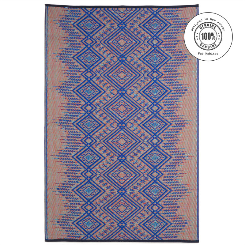 Tapis d'extérieur paille en plastique imperméable Lashel multi bleu, Rectangle 4pi x 6 pi
