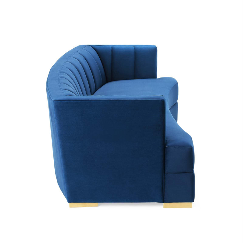 Navy Tufted Velvet Tuxedo Arm Sofa with Wood Legs