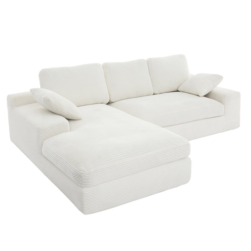 Canapé en velours côtelé avec 3 coussins de dossier et 2 coussins décoratifs., Blanc