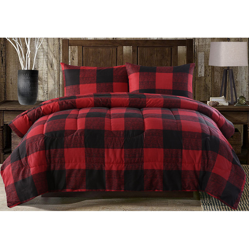 Ring Stitch Plaid Comforter, King Comforter + 2 Shams, Red/Black
