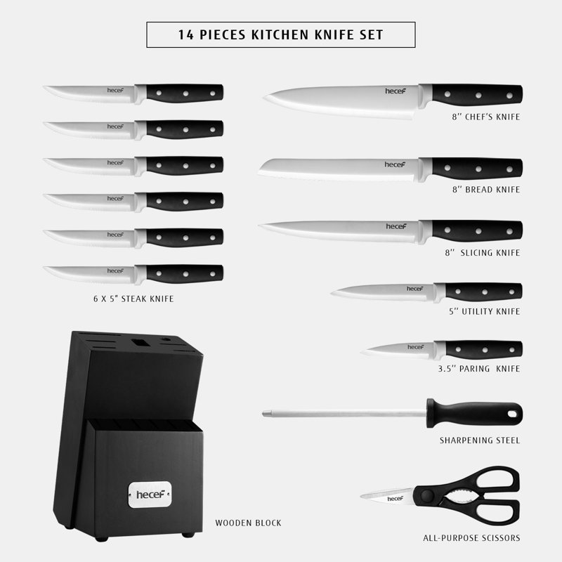 Hecef 14-Piece Kitchen Knife Block Set, X30Cr13 High Carbon Stainless Steel Blades with Ventilated Wood Block, Black