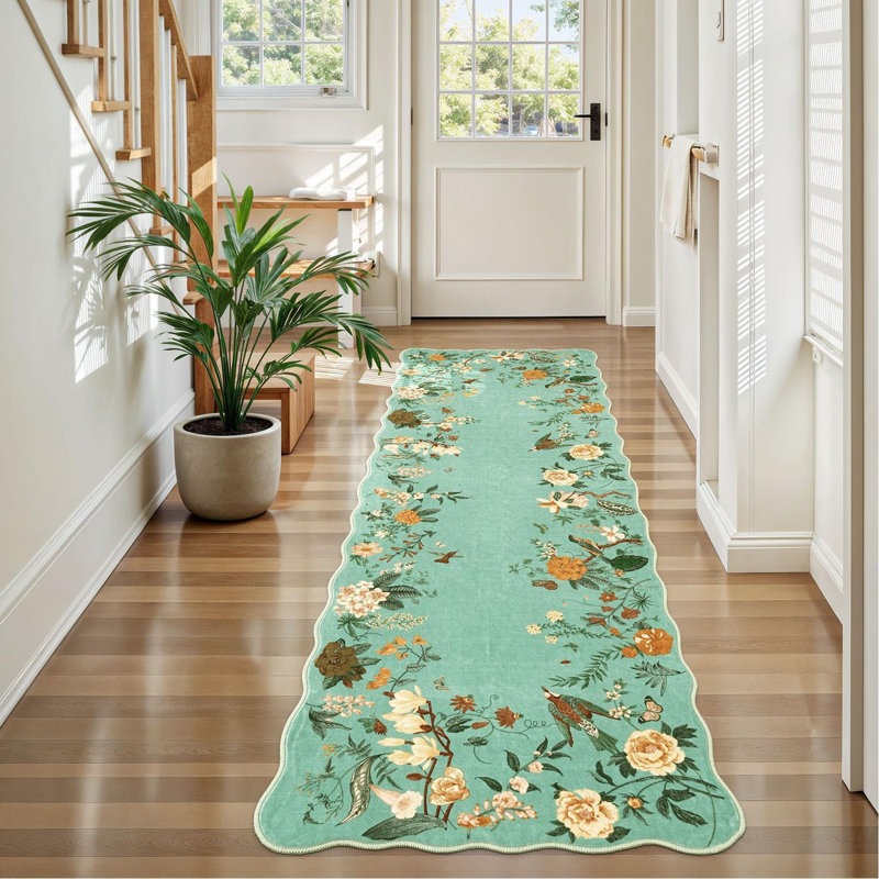 Tapis de couloir d'intérieur vintage lavable floral 2 pi x 6 pi antidérapant, Vert, Tapis de couloir 2 pi x 6 pi