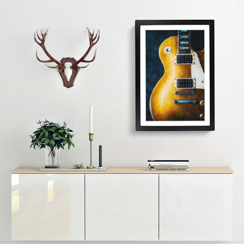 Aged Electric Guitar - Picture Frame Painting Print, 87cm H x 62cm W x 2cm D, Black Framed