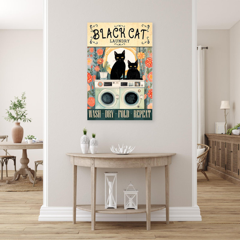 «Black Cat Laundry», reproduction d'art rectangulaire sur toile tendue 1 pièce, H 36 po x l 24 po x P 1,25 po