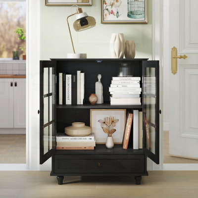 Minimalist Buffet Cabinet with Double Glass Doors and Drawer, Modern Wooden Storage for Living Room, Dining Room, Hallway, and Entryway