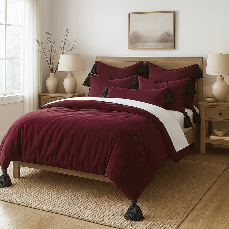 Cascade pompon merlot, Housse de couette pour très grand lit californien, Merlot
