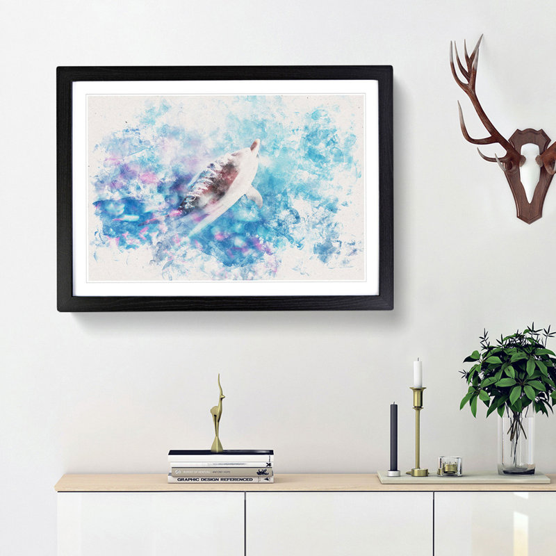 Swimming Dolphin - Picture Frame Graphic Art Print, 62cm H x 87cm W x 2cm D, Black Framed