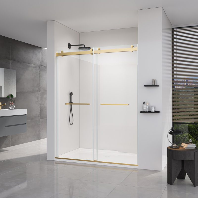 Frameless Sliding Soft-Close Shower Doors, Bathroom Sliding Shower Door， Glass Door For Bathroom, Brushed Gold