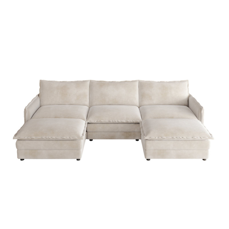 Canapé en tissu velours 3 places en velours côtelé confortable avec repose-pieds mobile pour le salon, ensemble de canapé en U surdimensionné à assise profonde, canapé rembourré à assise profonde de grande taille avec 3 coussins