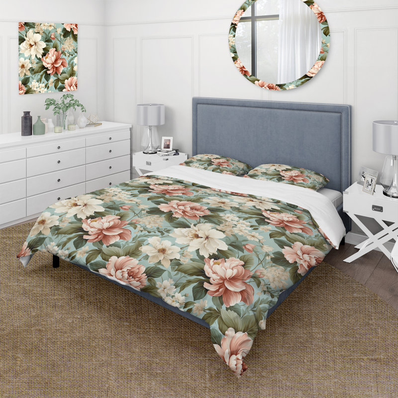 Ensemble de housse de couette Antique Peonies Botanical Pattern II, Housse de couette pour grand lit et 2 taies décor