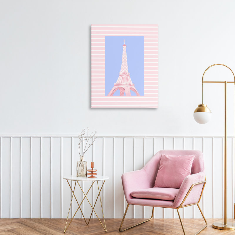 Tour Eiffel sur toile à rayures roses, design par Pooja Dave, H 20 po x l 16 po