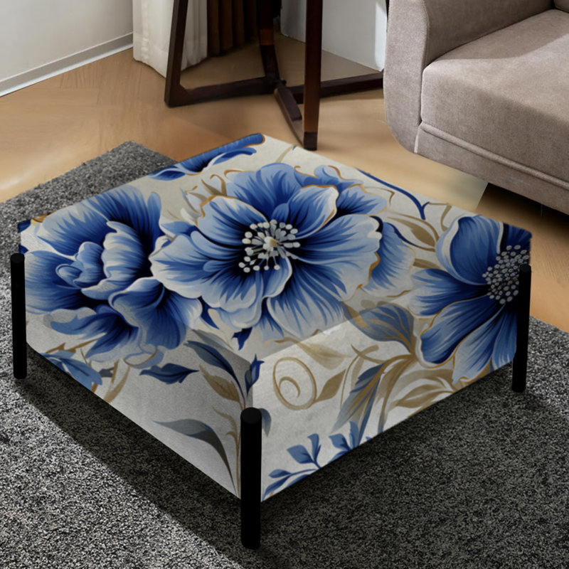 Grand repose-pieds carré de style victorien bleu cobalt Art Nouveau